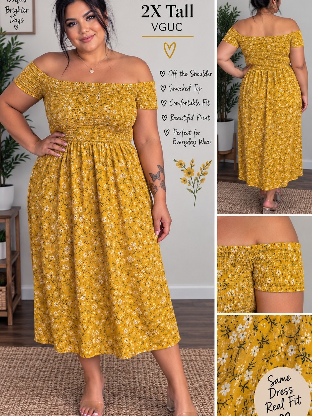 Old Navy Mustard Yellow Floral Off-Shoulder Smocked Midi Dress